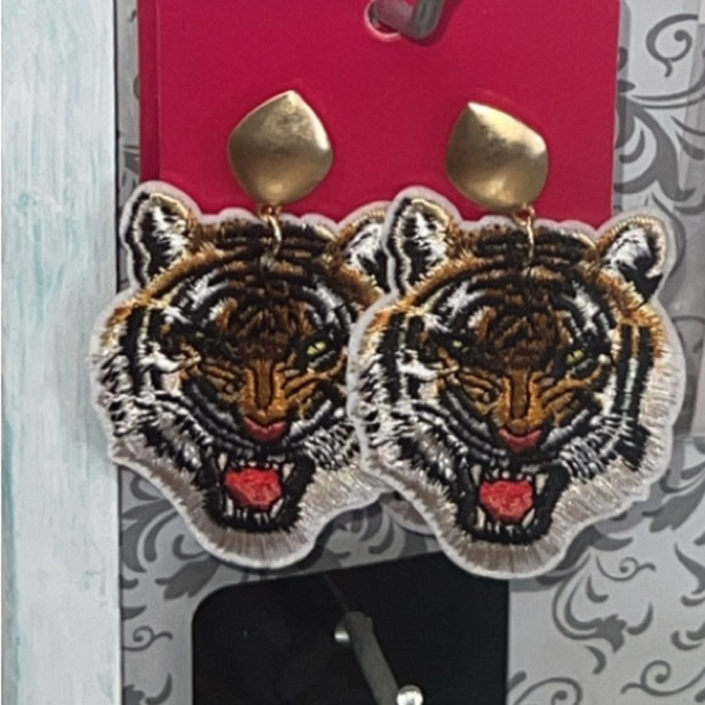 Embroidered Tiger Earrings with Gold Accents